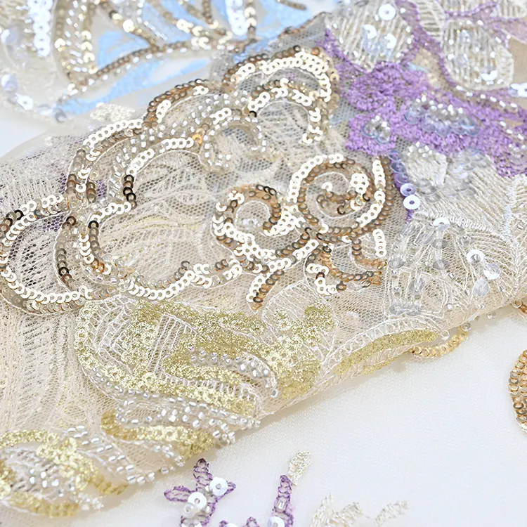 Mesh Dress Bridal Wedding Dress High Quality Custom Embroidered Sequin Lace Fabric Beaded Tulle Embroidery Fabric Soft