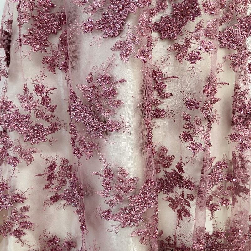 2024 Luxury Design Beaded Lace Fabric Red Tulle Sequin Flower Embroidery Lace Fabric For Party