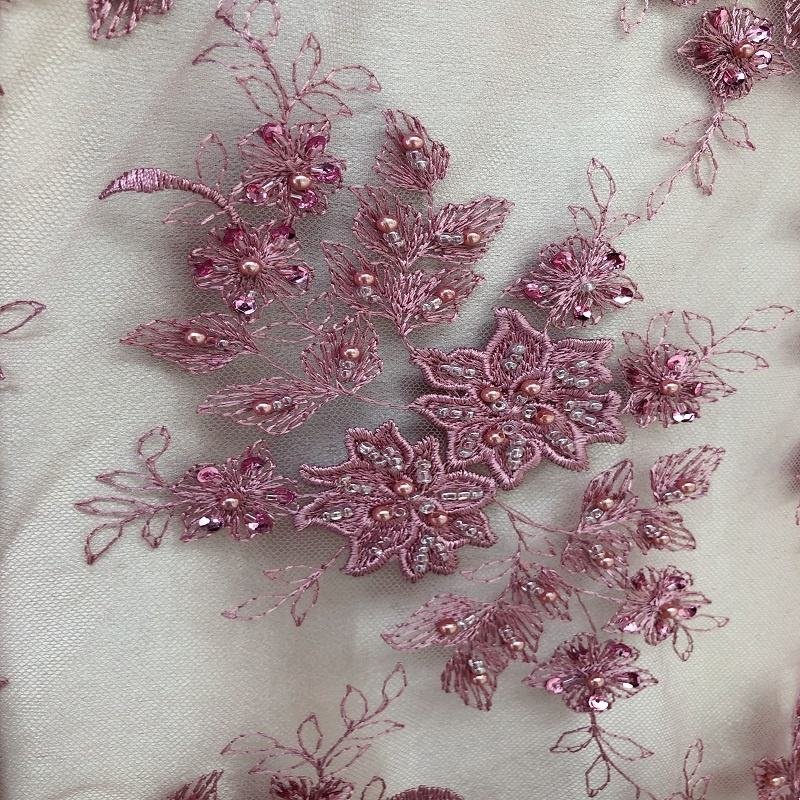2024 Luxury Design Beaded Lace Fabric Red Tulle Sequin Flower Embroidery Lace Fabric For Party
