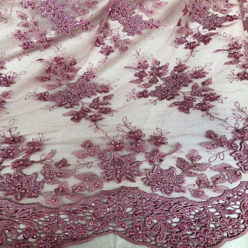 2024 Luxury Design Beaded Lace Fabric Red Tulle Sequin Flower Embroidery Lace Fabric For Party
