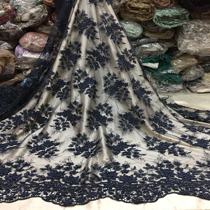 2024 Luxury Design Beaded Lace Fabric Red Tulle Sequin Flower Embroidery Lace Fabric For Party