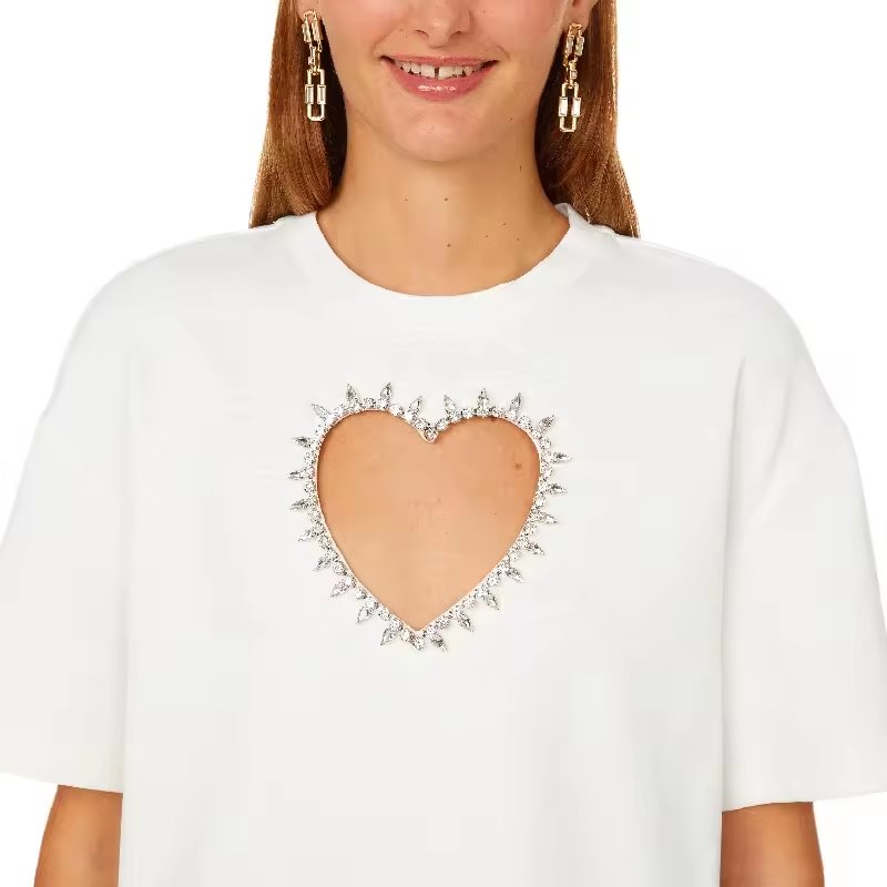 Rhinestone Tshirt Custom Cotton Polyester Crew Neck Oversized Bling Women Rhinestone Print Tshirt