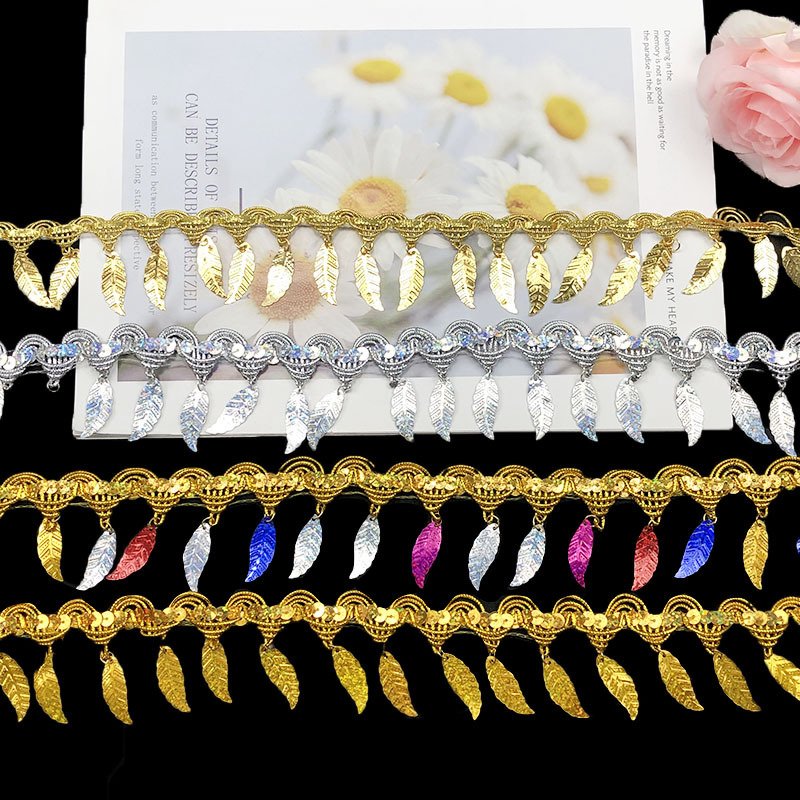 Factory Golden Luxury Leaf Shape Fringe Lace Trim Sequin Laces Fabric For Women Latin Dance Costume Accessories 10yards/roll