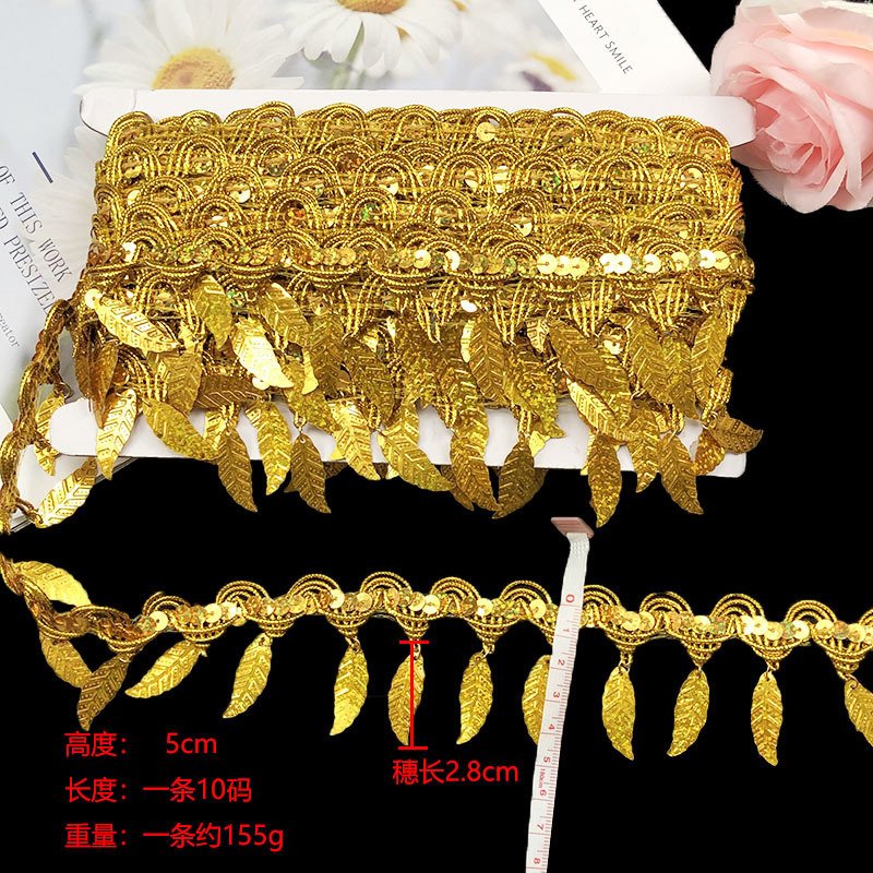 Factory Golden Luxury Leaf Shape Fringe Lace Trim Sequin Laces Fabric For Women Latin Dance Costume Accessories 10yards/roll