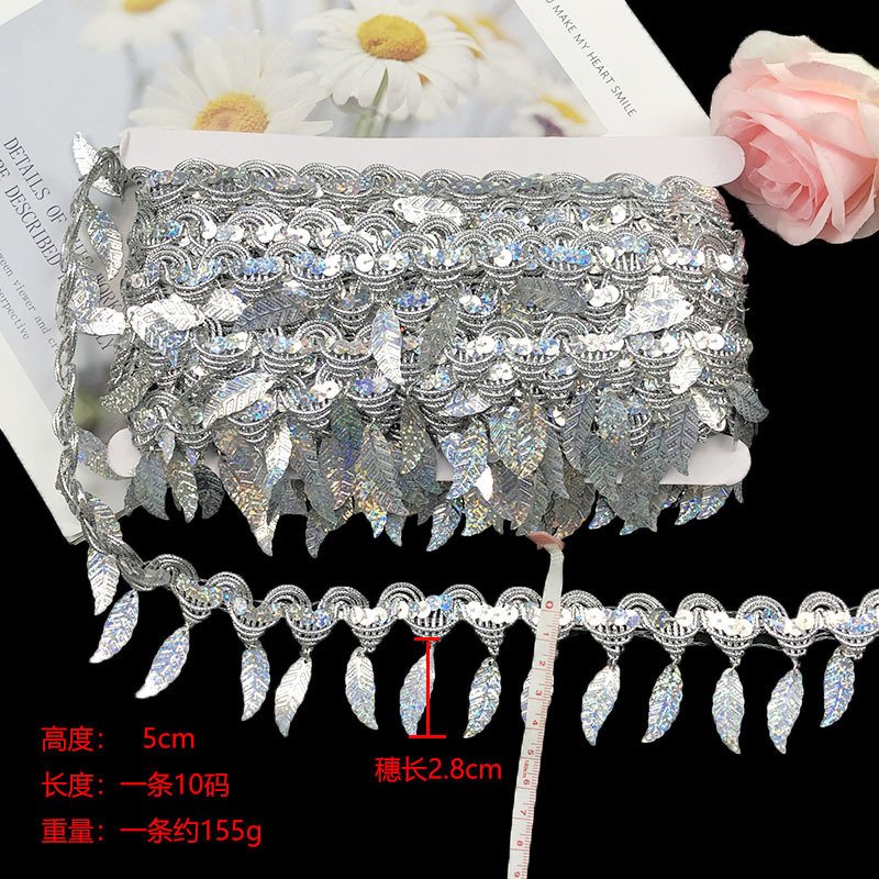 Factory Golden Luxury Leaf Shape Fringe Lace Trim Sequin Laces Fabric For Women Latin Dance Costume Accessories 10yards/roll