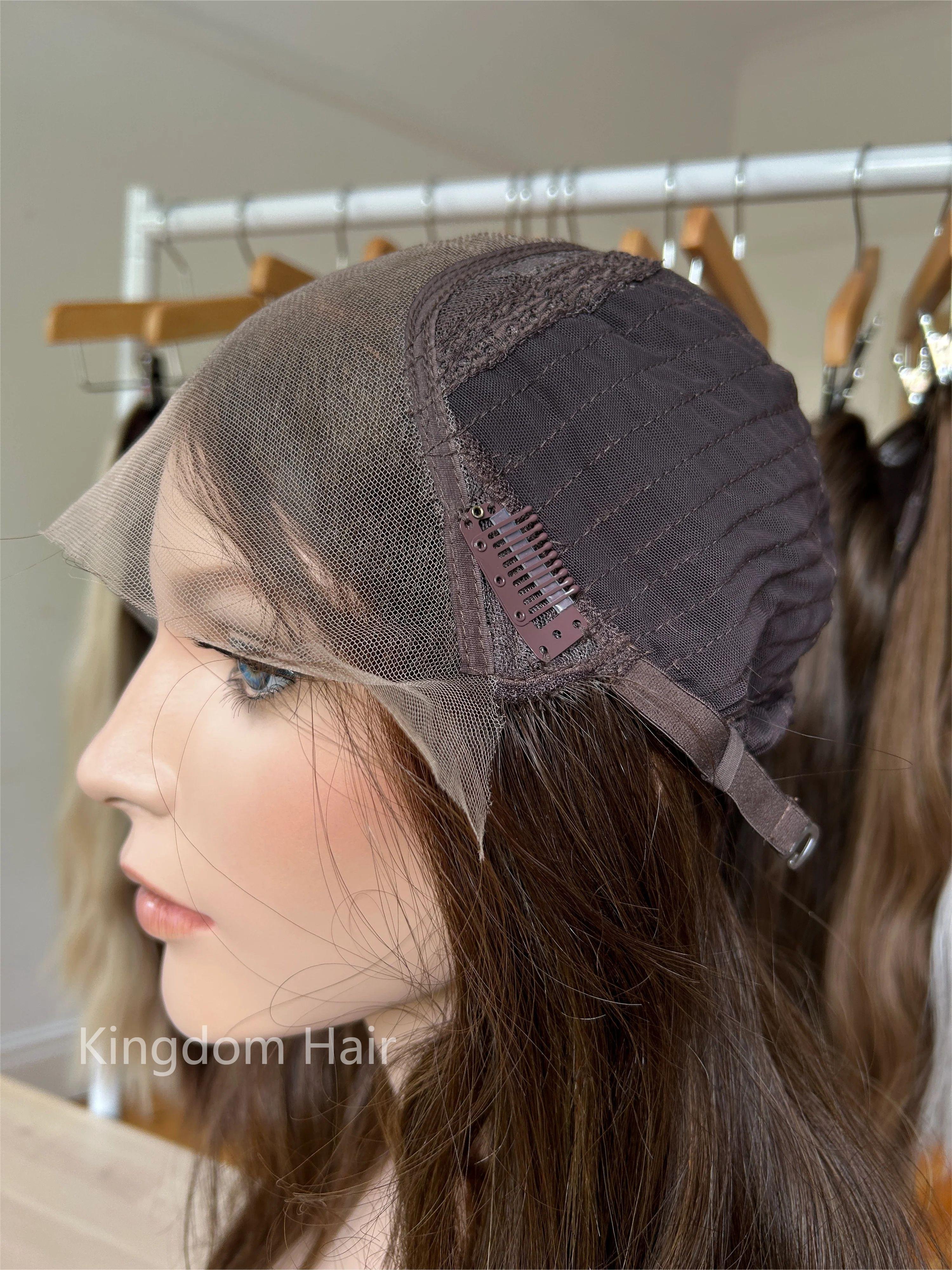 Remy European Hair Single Knot Hand Tied Lace Top Jewish Wig Brunette With Warm Blonde Highlight Color Lace Front Wig For Women