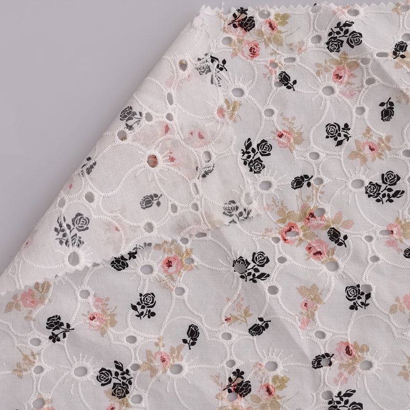 Hot Sale Custom 100% Cotton 125gsm Colorful Floral Flower Printed Eyelet Woven Fancy Soft Embroidery Fabric For Women Dress