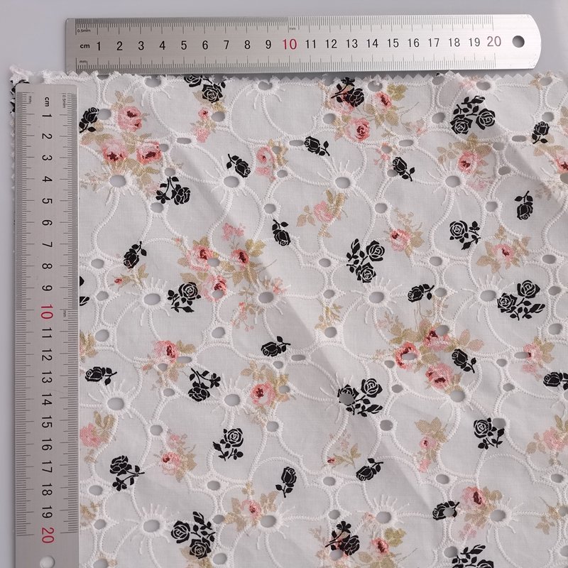 Hot Sale Custom 100% Cotton 125gsm Colorful Floral Flower Printed Eyelet Woven Fancy Soft Embroidery Fabric For Women Dress