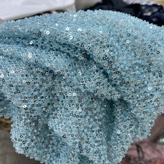 design Polyester Luxury Beautiful Gauze Tulle blue beads Embroidered Bridal Glitter Fabric For Wedding Dress