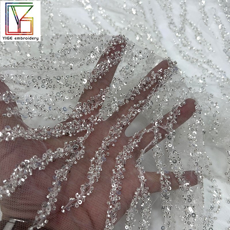 Manufacturer wholesale New net embroidery fabric Beads Sequins Mesh Lace women luxury Wedding Lace Fabric