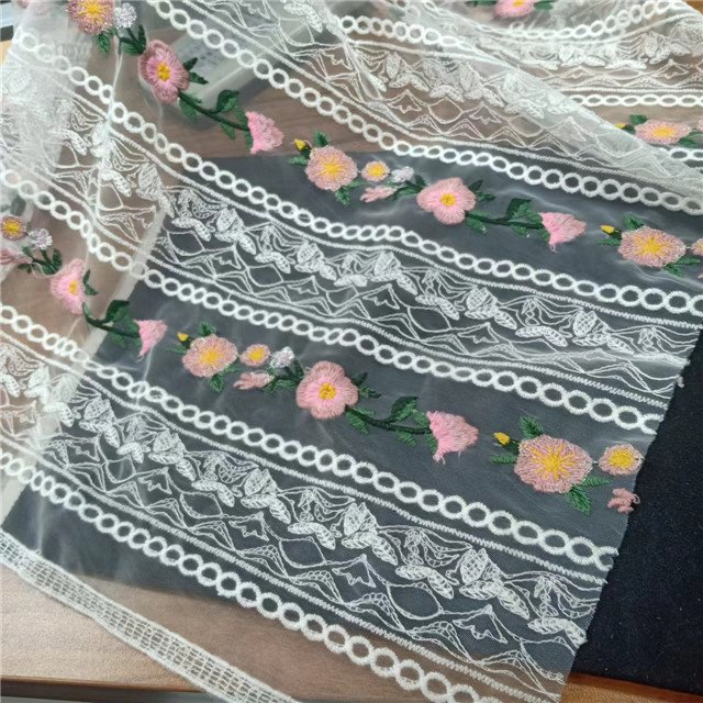 Polyester/nylon fabric, flower embroidery, can be used for clothing and fashion, breathable and multi-color custom-made