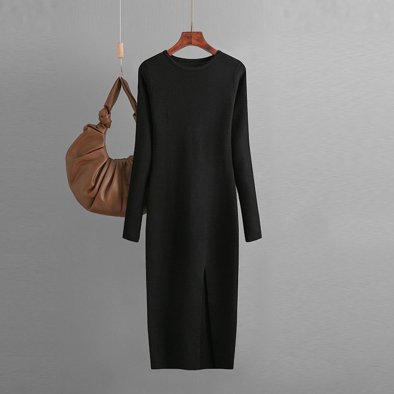 Women Sweater Dresses Crew Neck Long Sleeve Split Knitted Slim Fit Knit Dresses