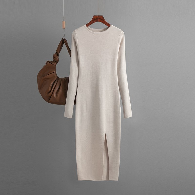 Women Sweater Dresses Crew Neck Long Sleeve Split Knitted Slim Fit Knit Dresses