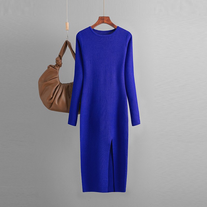 Women Sweater Dresses Crew Neck Long Sleeve Split Knitted Slim Fit Knit Dresses