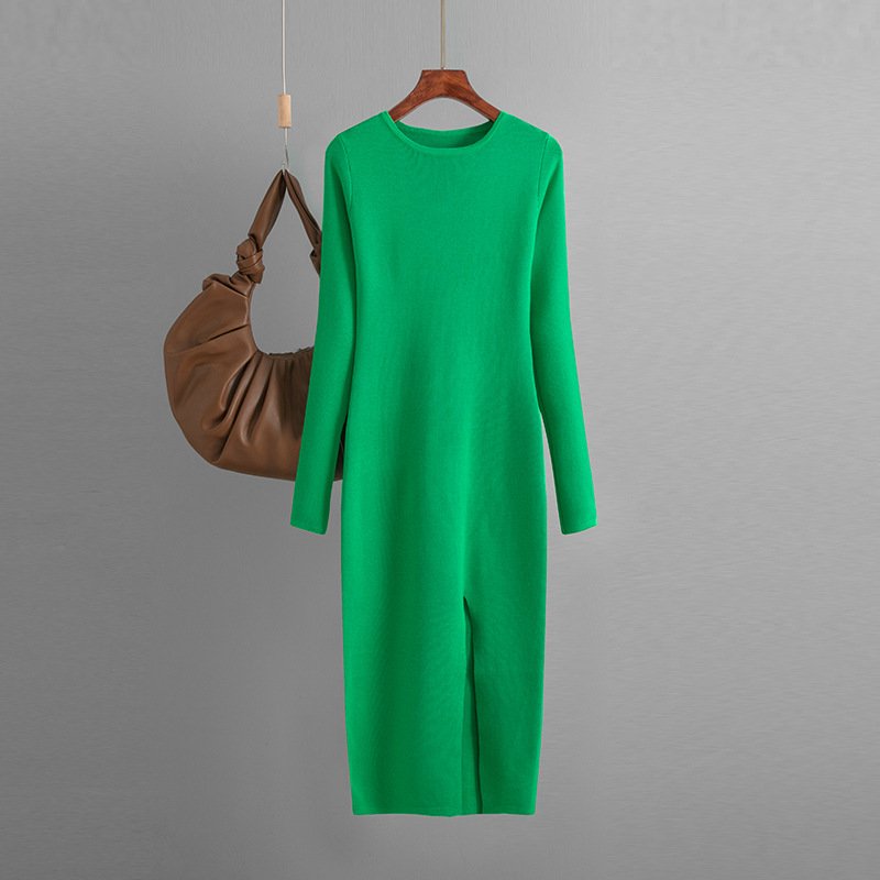 Women Sweater Dresses Crew Neck Long Sleeve Split Knitted Slim Fit Knit Dresses