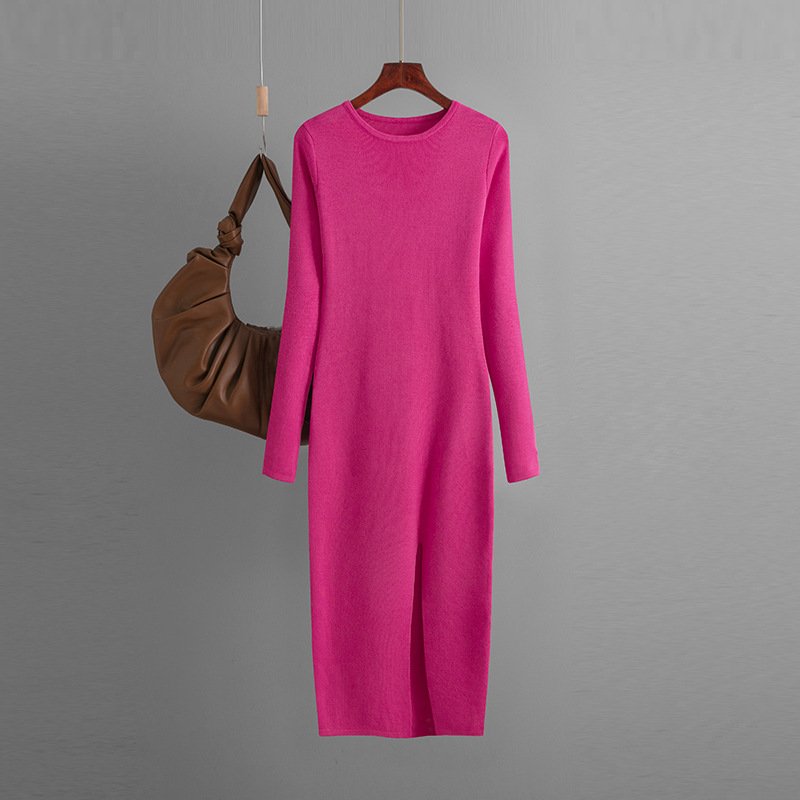Women Sweater Dresses Crew Neck Long Sleeve Split Knitted Slim Fit Knit Dresses