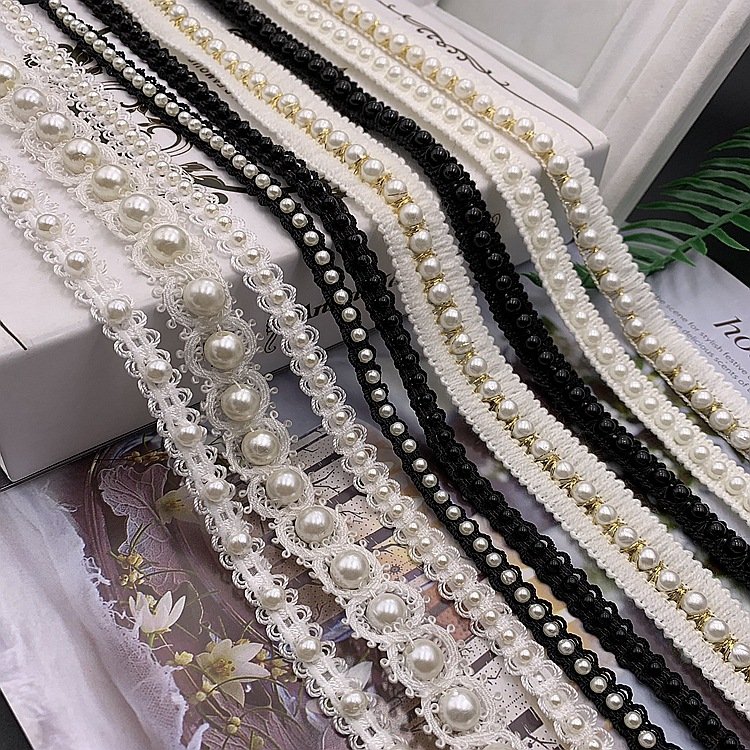 Soft Comfortable Pearl Lace Trim Decoration Wedding Tulle Luxury Lace White Dress Heavy Beaded Accessories