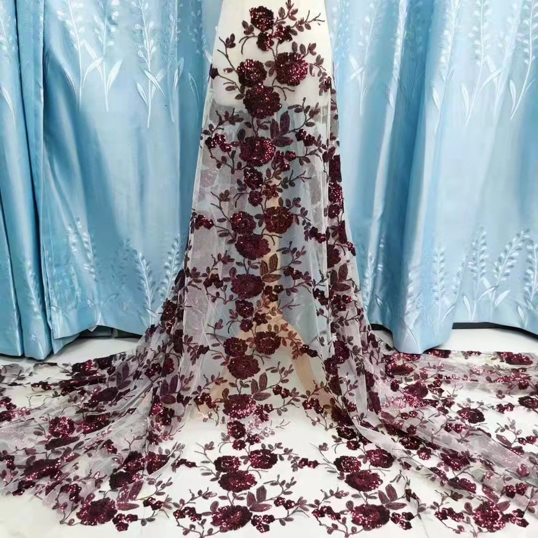 Austria Red Sequin Flower Embroidery Lace Swiss Voile Net Fabric For Dress