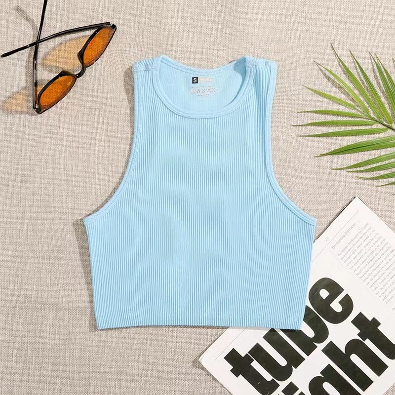 New Seamless Knitted Full Wrap Rib Yoga Shirt Running Fitness Vertical Stripe Fast Drying Sports Tank Top
