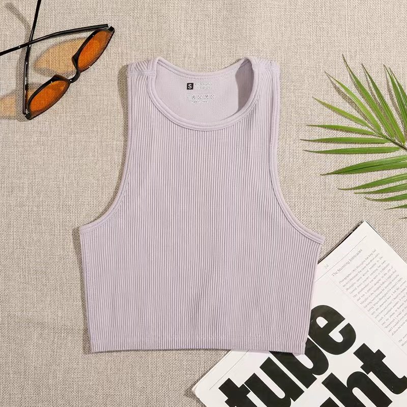 New Seamless Knitted Full Wrap Rib Yoga Shirt Running Fitness Vertical Stripe Fast Drying Sports Tank Top