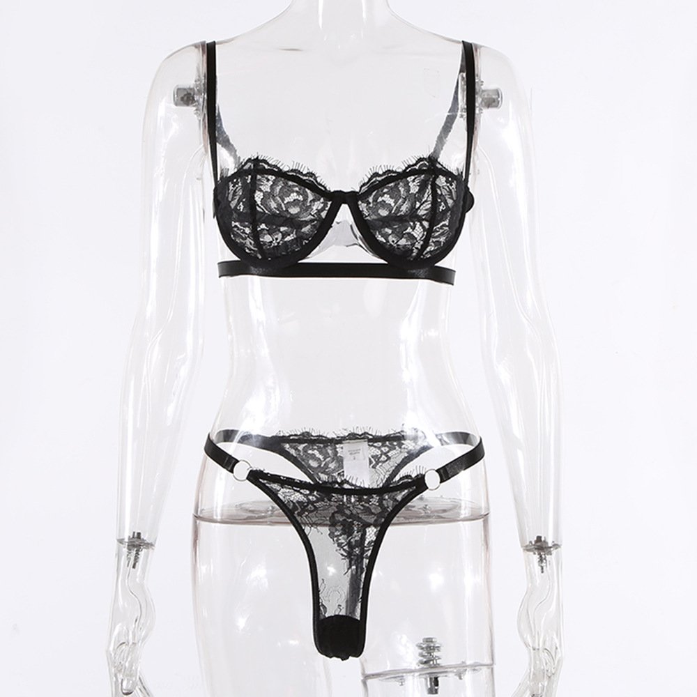 Wholesale Women Eyelash Black Lingerie Lace Sexy Bikini Two Piece Set Bra and Thongs Sets Sex Erotic Lingeries