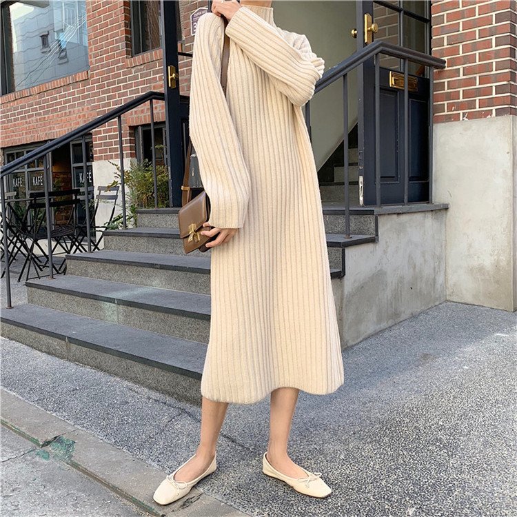One Size Ladies Long Sweaters Ribbed Sweater Dress Winter Casual Dresses Women Black Knitted Sweater Dress