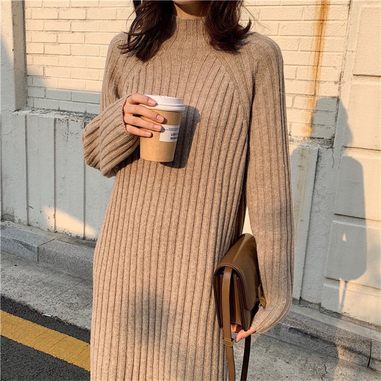 One Size Ladies Long Sweaters Ribbed Sweater Dress Winter Casual Dresses Women Black Knitted Sweater Dress