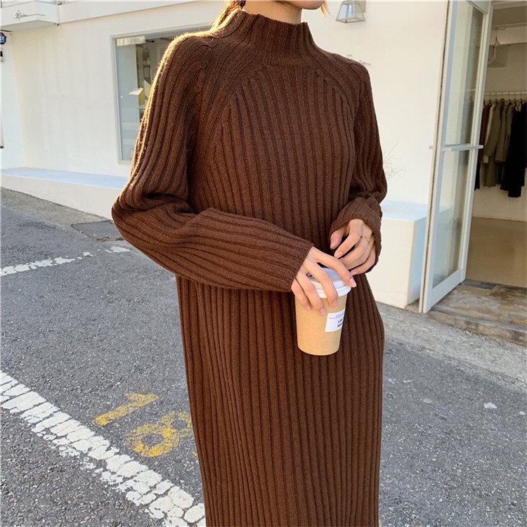 One Size Ladies Long Sweaters Ribbed Sweater Dress Winter Casual Dresses Women Black Knitted Sweater Dress