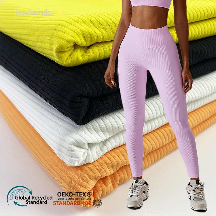 Wholesale Custom 74 Nylon Polyamide Elastane 26 Spandex 220gsm Soft Ribbed Knit Dry Fit Fabric Supplier For Seamless Yoga Leggin