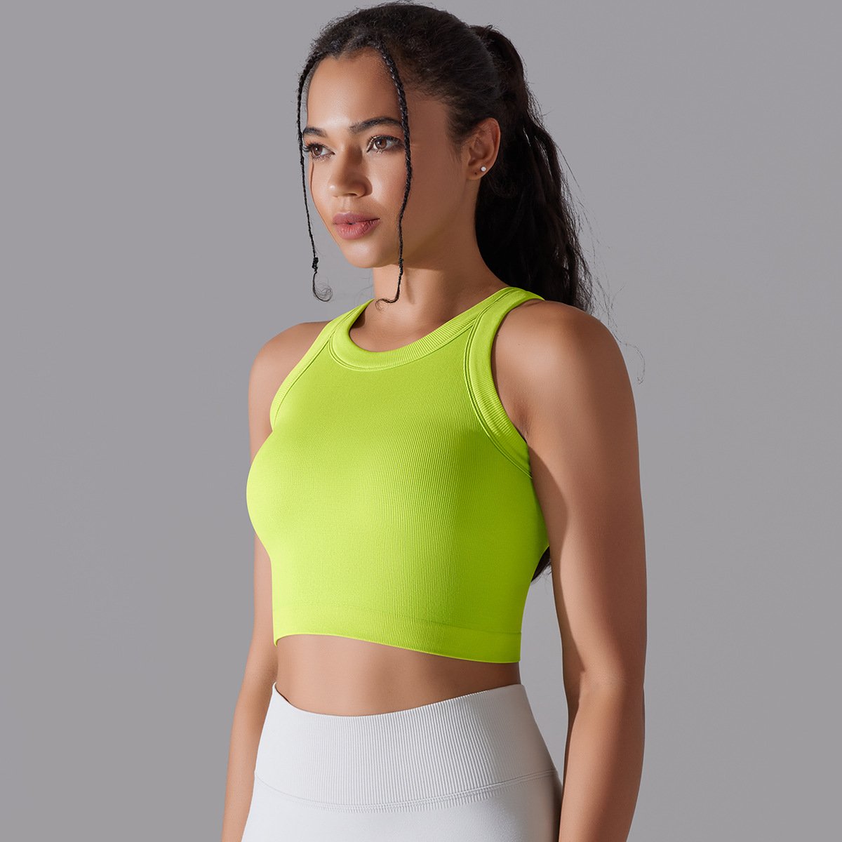 Wholesale New Seamless Knit Solid Color Ribbed Semi-Fixed Cup Yoga Wear Sports Sleeveless Vest