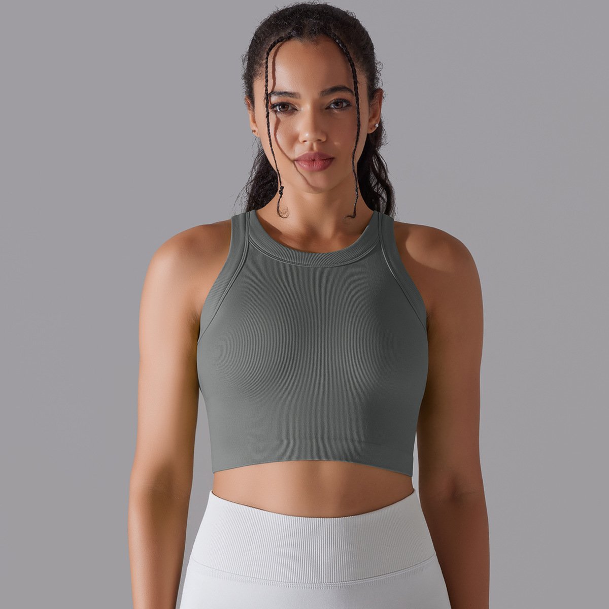 Wholesale New Seamless Knit Solid Color Ribbed Semi-Fixed Cup Yoga Wear Sports Sleeveless Vest