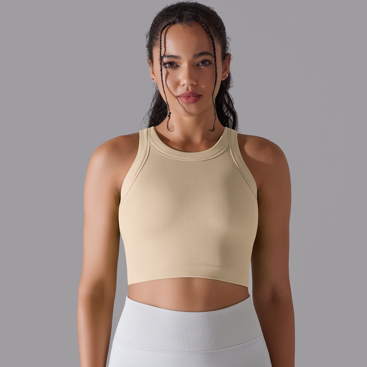 Wholesale New Seamless Knit Solid Color Ribbed Semi-Fixed Cup Yoga Wear Sports Sleeveless Vest