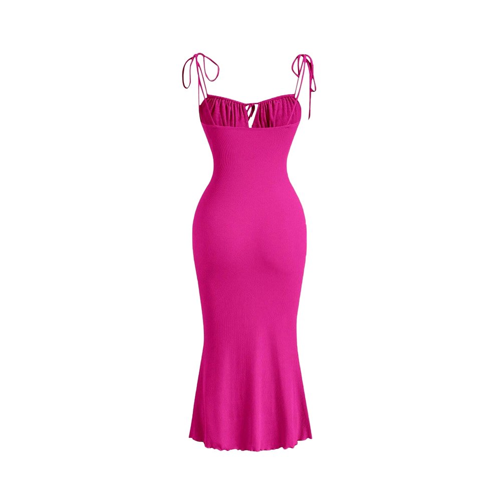 Summer Ribbed-knit Off Shoulder Midi Dress 2-Color Pink Blue Lace-up Square Neck Pleated Solid Halter Ladies'Dresses For Casual
