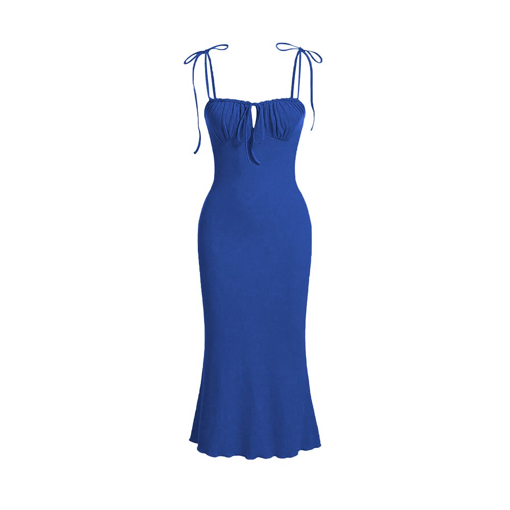 Summer Ribbed-knit Off Shoulder Midi Dress 2-Color Pink Blue Lace-up Square Neck Pleated Solid Halter Ladies'Dresses For Casual