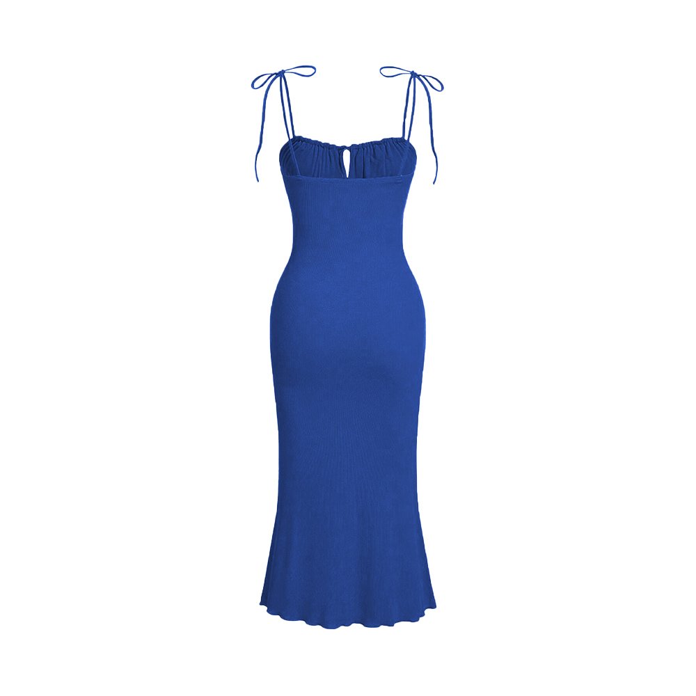 Summer Ribbed-knit Off Shoulder Midi Dress 2-Color Pink Blue Lace-up Square Neck Pleated Solid Halter Ladies'Dresses For Casual