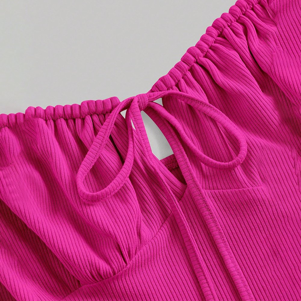 Summer Ribbed-knit Off Shoulder Midi Dress 2-Color Pink Blue Lace-up Square Neck Pleated Solid Halter Ladies'Dresses For Casual