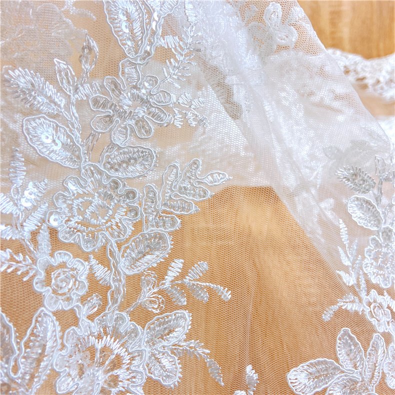 K1029 Luxury Embroidered Wedding Dress Lace Fabric 125cm Full with Mesh Sequins High Quality for Clothing Decoration
