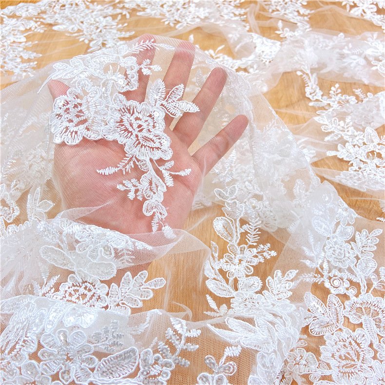 K1029 Luxury Embroidered Wedding Dress Lace Fabric 125cm Full with Mesh Sequins High Quality for Clothing Decoration