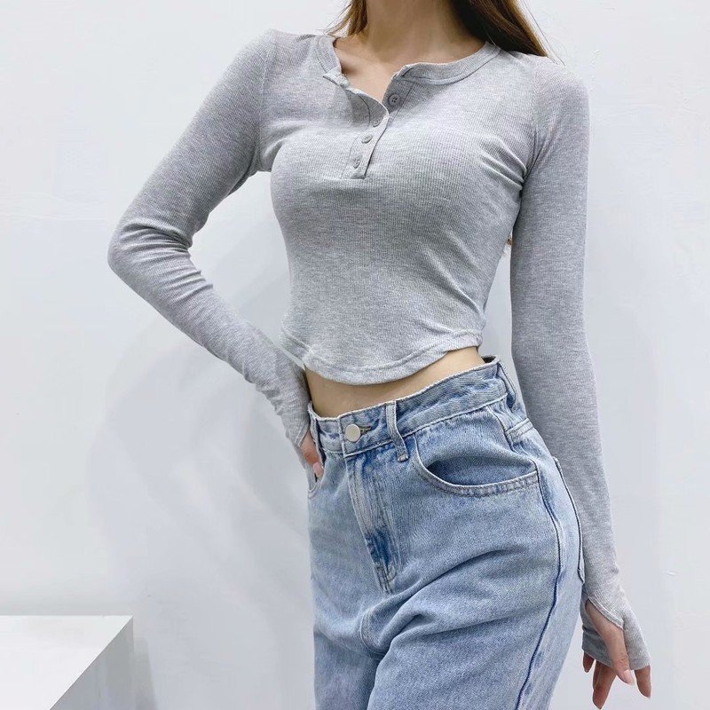 Autumn Girl Women's Long Sleeve Rib Curved Bottom Round Neck Slim Short Ribbed T Shirt Tee Tops Casual Dressy Rib Tshirt Tunic