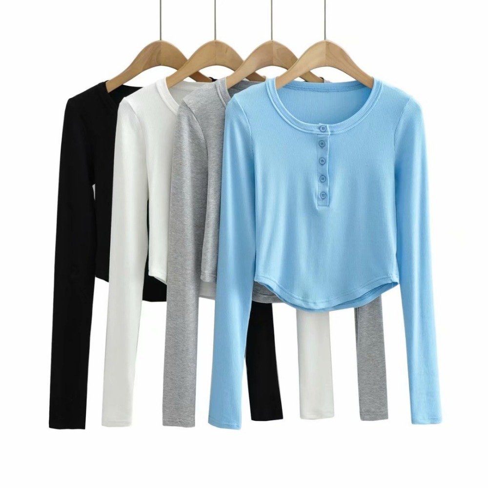 Autumn Girl Women's Long Sleeve Rib Curved Bottom Round Neck Slim Short Ribbed T Shirt Tee Tops Casual Dressy Rib Tshirt Tunic