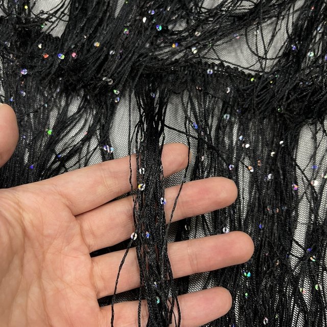 Western Cowboy Styleblack embroidery Tassel Glitter silver Sequin Fabric For suits dress