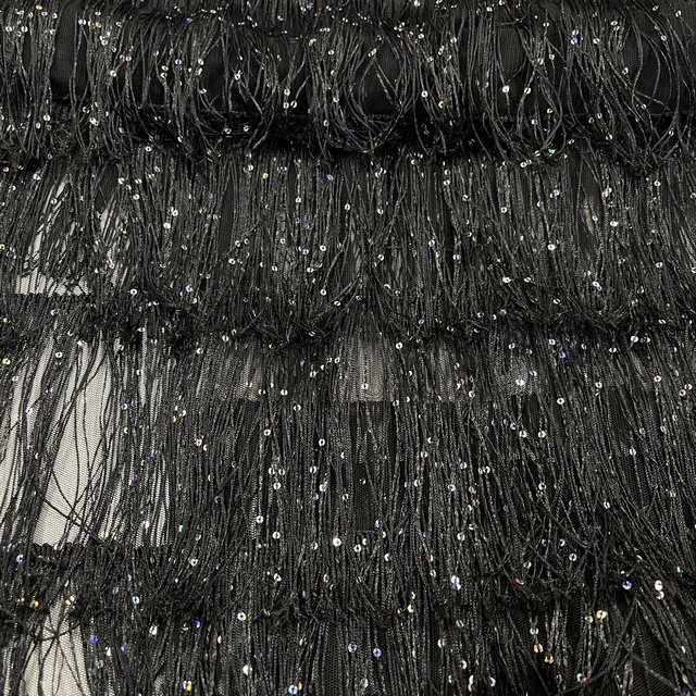 Western Cowboy Styleblack embroidery Tassel Glitter silver Sequin Fabric For suits dress