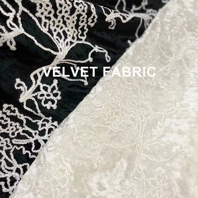 Nais luxury new pattern thick polyester white embroidered embossed 3d floral pattern velvet black fabrics for winter clothing