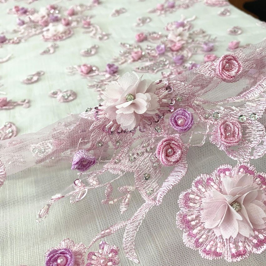best selling 3d rose flower beaded lace applique allover embroidery fabric for wedding dress, designer fabric