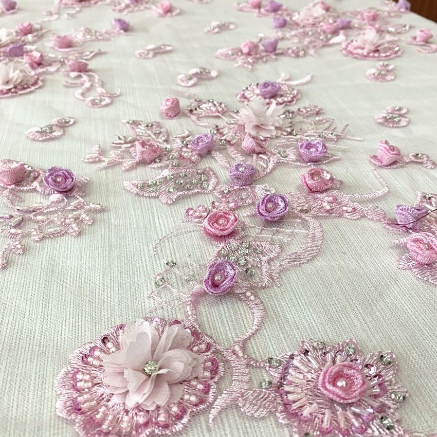 best selling 3d rose flower beaded lace applique allover embroidery fabric for wedding dress, designer fabric