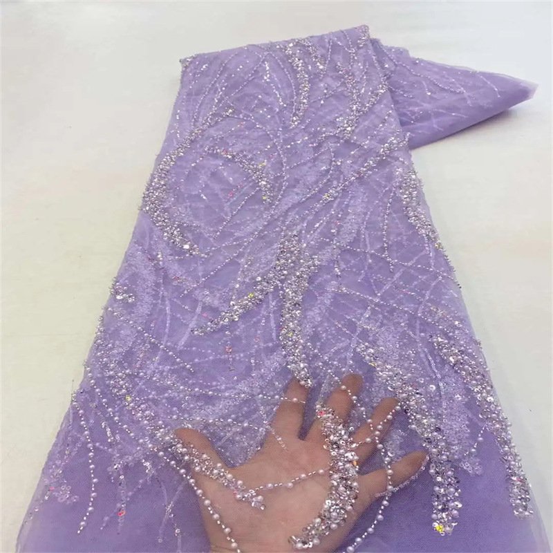 New Luxury Purple 3D flower bead dress fabric fancy dress fabric french lace wedding fabric for clothing and children's clothing