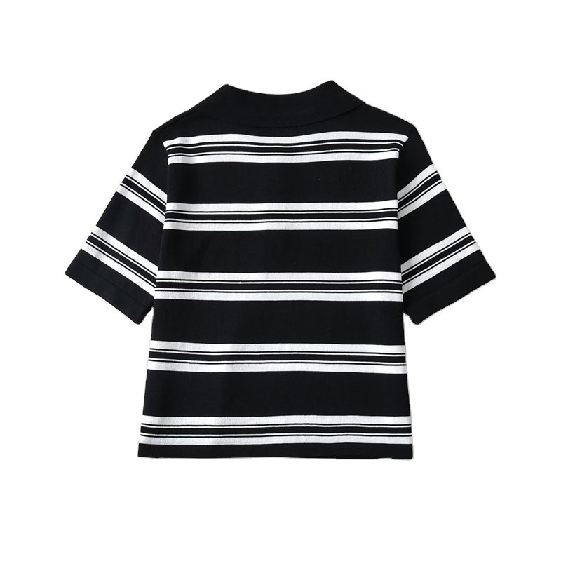 TAOP&ZA women's 2024 summer polo shirt striped lapel t-shirt straight shoulder short sleeve ice silk knitted chic short top