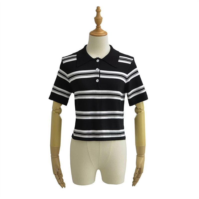 TAOP&ZA women's 2024 summer polo shirt striped lapel t-shirt straight shoulder short sleeve ice silk knitted chic short top