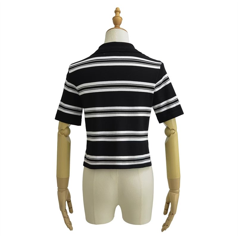 TAOP&ZA women's 2024 summer polo shirt striped lapel t-shirt straight shoulder short sleeve ice silk knitted chic short top