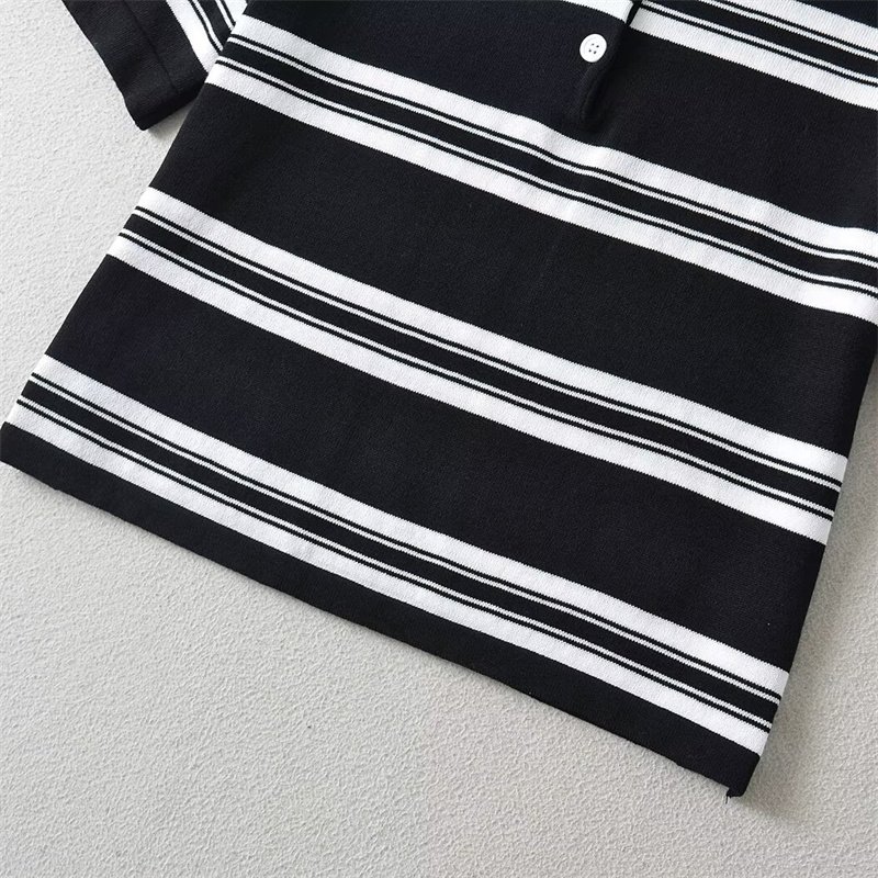 TAOP&ZA women's 2024 summer polo shirt striped lapel t-shirt straight shoulder short sleeve ice silk knitted chic short top